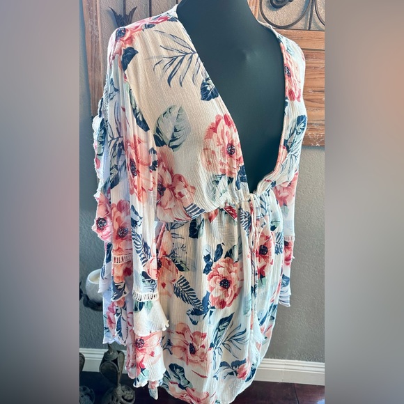 Flowy Rayon Gauze Flowered Beach Swimsuit Coverup Boho Dress by Blue Island Sz M - Picture 5 of 14